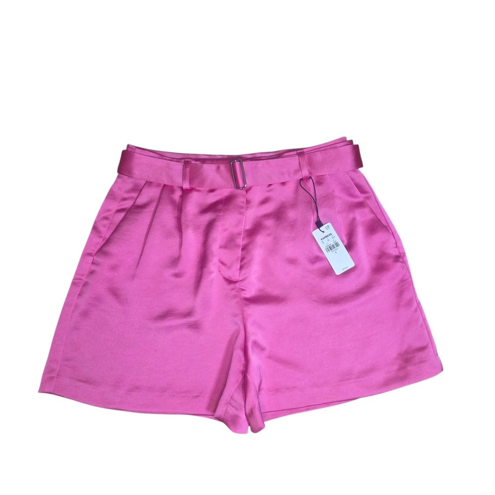 Express Pink Satin High Waisted Shorts Womens 4 Belted Barbiecore NWT